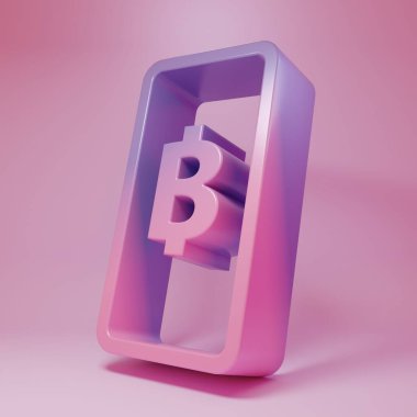 Purple-pink Phone mobile and cryptocurrency coin Bitcoin icon isolated on pink background. Physical bit coin. Blockchain based secure crypto currency. Minimalism concept. 3D render illustration.