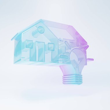 Frosted glass Smart house and light bulb icon isolated on white background. Minimalism concept. 3D render illustration.