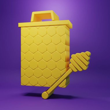 Yellow Honeycomb with honey dipper stickicon isolated on purple background. Honey ladle. Honey cells symbol. Sweet natural food. Minimalism concept. 3D render illustration.