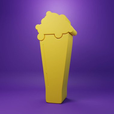 Mor arka planda izole edilmiş sarı bardak bira ikonu. Minimalizm kavramı. 3 Boyutlu resimleme.