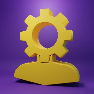 Sarı insan, mor arka planda izole edilmiş ikon içerisindeki ekipman. Yapay zeka. Beyin işaretini düşünüyorum. Beynin sembol çalışması. Minimalizm kavramı. 3 Boyutlu resimleme.