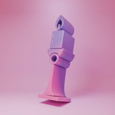 Purple-pink Burning candle in candlestick icon isolated on pink background. Old fashioned lit candle. Cylindrical candle stick with burning flame. Minimalism concept. 3D render illustration.