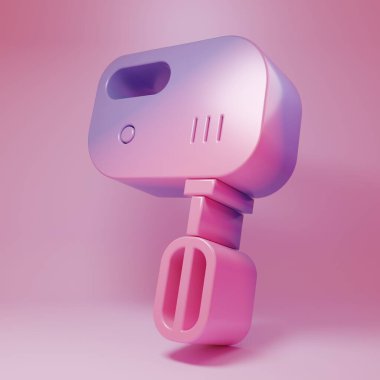 Pembe arka planda izole edilmiş mor-pembe elektirik karıştırıcı simgesi. Mutfak blenderi. Minimalizm kavramı. 3 Boyutlu resimleme.