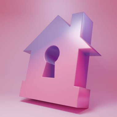 Purple-pink House under protection icon isolated on pink background. Protection, safety, security, protect, defense concept. Minimalism concept. 3D render illustration.