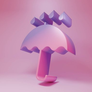 Purple-pink Umbrella and rain drops icon isolated on pink background. Waterproof icon. Protection, safety, security concept. Water resistant symbol. Minimalism concept. 3D render illustration.