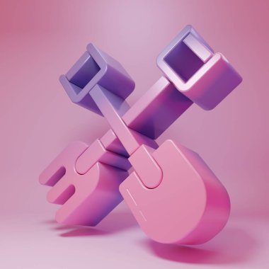Purple-pink Shovel and rake icon isolated on pink background. Tool for horticulture, agriculture, gardening, farming. Ground cultivator. Minimalism concept. 3D render illustration.