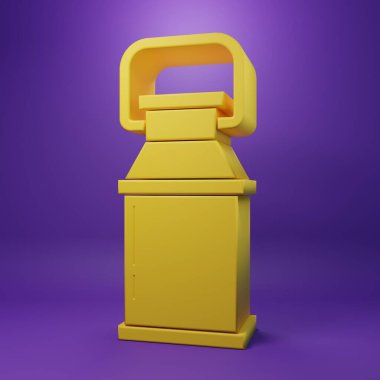 Mor arka planda izole edilmiş süt ikonu için sarı kutu. Minimalizm kavramı. 3 Boyutlu resimleme.