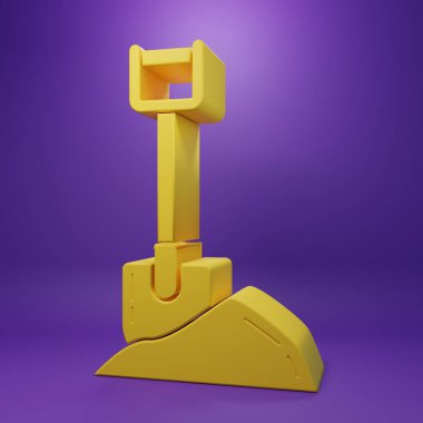 Yellow Shovel in the ground icon isolated on purple background. Gardening tool. Tool for horticulture, agriculture, farming. Minimalism concept. 3D render illustration.