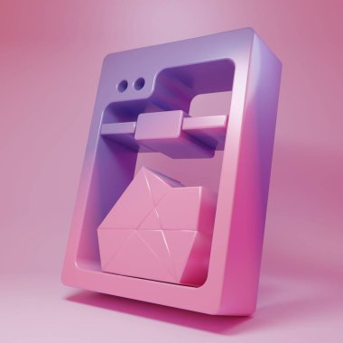 Purple-pink 3D printer icon isolated on pink background. Minimalism concept. 3D render illustration.