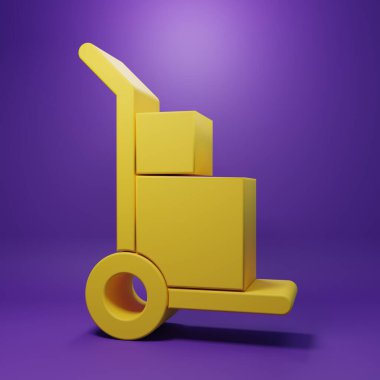 Yellow Hand truck and boxes icon isolated on purple background. Dolly symbol. Minimalism concept. 3D render illustration.