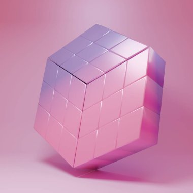 Purple-pink Rubik cube icon isolated on pink background. Mechanical puzzle toy. Rubik's cube 3d combination puzzle. Minimalism concept. 3D render illustration.