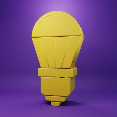 Sarı LED ampul simgesi mor arkaplanda izole edildi. Ekonomik LED ışıklı ampul. Enerji lambasını sakla. Minimalizm kavramı. 3 Boyutlu resimleme.