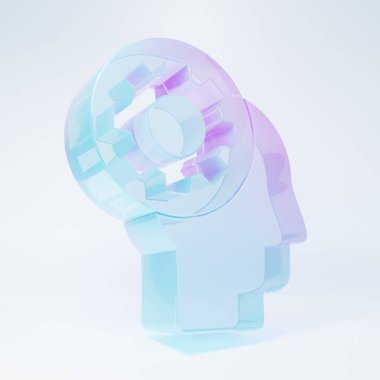Frosted glass Human head with gear inside icon isolated on white background. Artificial intelligence. Thinking brain sign. Symbol work of brain. Minimalism concept. 3D render illustration.