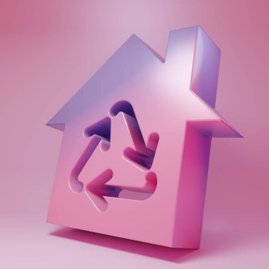 Purple-pink Eco House with recycling symbol icon isolated on pink background. Ecology home with recycle arrows. Minimalism concept. 3D render illustration.