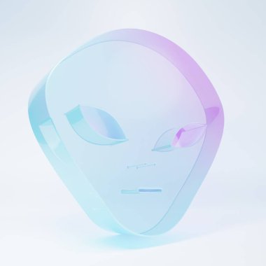 Frosted glass Alien icon isolated on white background. Extraterrestrial alien face or head symbol. Minimalism concept. 3D render illustration.