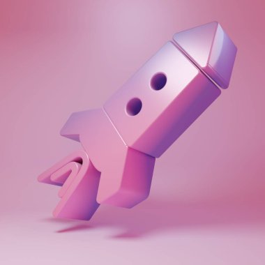 Pembe arka planda ateş ikonu olan mor-pembe roket gemisi. Uzay yolculuğu. Minimalizm kavramı. 3 Boyutlu resimleme.