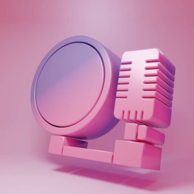 Purple-pink Microphone icon isolated on pink background. On air radio mic microphone. Speaker sign. Minimalism concept. 3D render illustration.