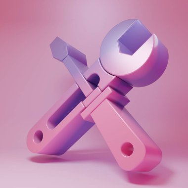 Purple-pink Screwdriver and wrench tools icon isolated on pink background. Service tool symbol. Minimalism concept. 3D render illustration.