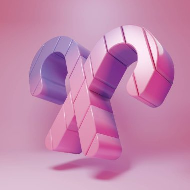 Purple-pink Christmas candy cane with stripes icon isolated on pink background. Merry Christmas and Happy New Year. Minimalism concept. 3D render illustration.
