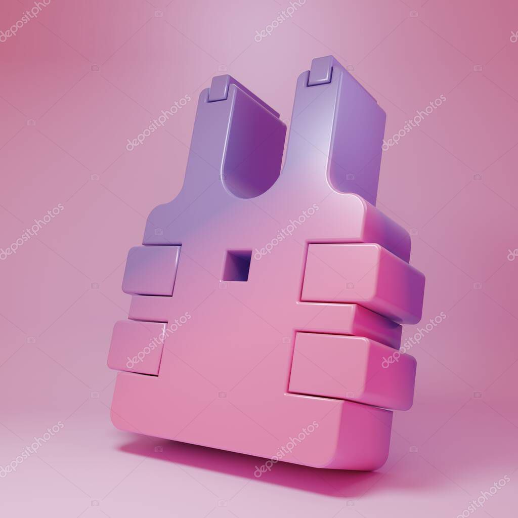 Purple-pink Bulletproof vest for protection from bullets icon isolated on pink background. Body armor sign. Military clothing. Minimalism concept. 3D render illustration.
