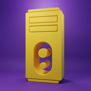 Yellow Computer icon isolated on purple background. PC component sign. Minimalism concept. 3D render illustration.