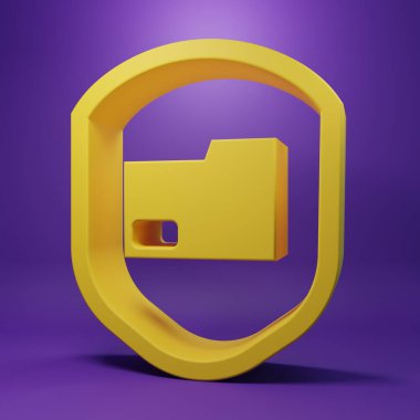 Mor arkaplanda sarı klasör koruma konsepti simgesi izole edildi. Gizli bilgi ve gizlilik fikri, koruma, kalkan. Minimalizm kavramı. 3 Boyutlu resimleme.