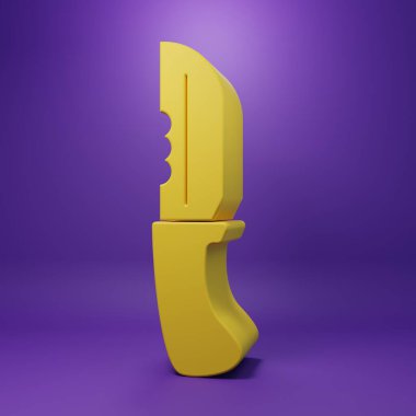 Sarı askeri bıçak ikonu, mor arka planda izole edilmiş. Minimalizm kavramı. 3 Boyutlu resimleme.