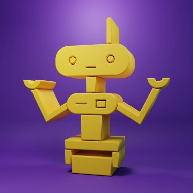 Yellow Robot icon isolated on purple background. Minimalism concept. 3D render illustration.
