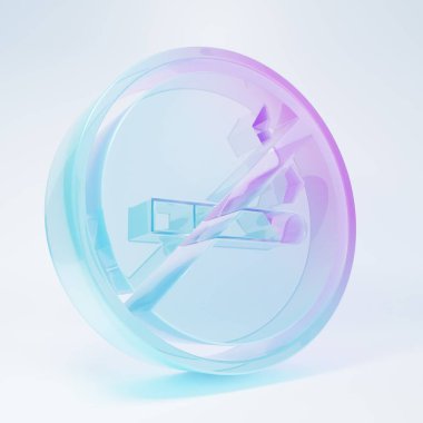 Buzlu cam. Beyaz arka planda sigara içme ikonu yok. Sigara sembolü. Minimalizm kavramı. 3 Boyutlu resimleme.