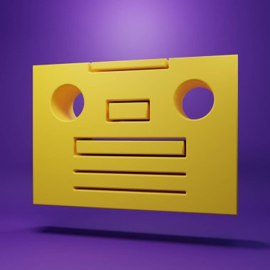 Yellow Retro audio cassette tape icon isolated on purple background. Minimalism concept. 3D render illustration.
