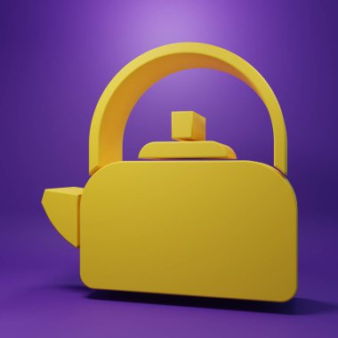 Yellow Kettle with handle icon isolated on purple background. Teapot icon. Minimalism concept. 3D render illustration.