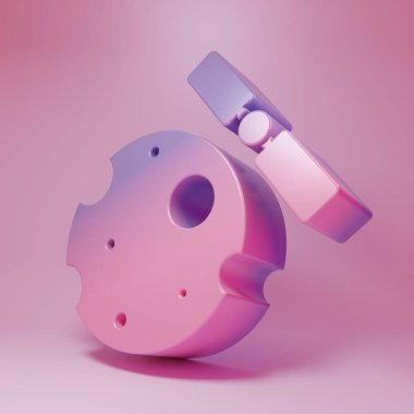 Dünya 'nın yörüngesindeki mor-pembe yapay uydular pembe arka planda izole edilmiş dış uzay ikonu. İletişim, navigasyon konsepti. Minimalizm kavramı. 3 Boyutlu resimleme.