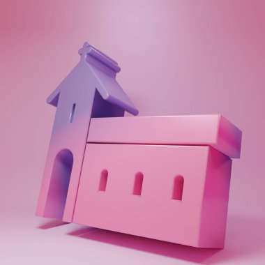Purple-pink Church building icon isolated on pink background. Christian Church. Religion of church. Minimalism concept. 3D render illustration.