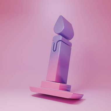 Mor pembe yanan mum, pembe arka planda izole edilmiş şamdan ikonu. Silindirik mum çubuğu ve yanan ateş. Minimalizm kavramı. 3 Boyutlu resimleme.