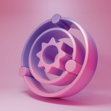 Purple-pink Solar system icon isolated on pink background. The planets revolve around the star. Minimalism concept. 3D render illustration.