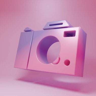 Pembe fotograf makinesi ikonu pembe arkaplanda izole edilmiş. Fotoğraf makinesi simgesi. Minimalizm kavramı. 3 Boyutlu resimleme.