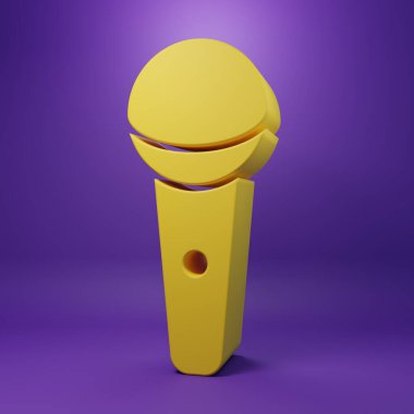 Sarı mikrofon simgesi mor arkaplanda izole edildi. Radyodaki mikrofondan. Sözcü işareti. Minimalizm kavramı. 3 Boyutlu resimleme.