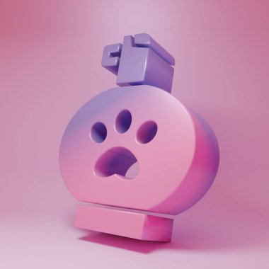 Pembe arka planda izole edilmiş pembe evcil hayvan şampuanı ikonu. Evcil hayvan bakım işareti. Köpek temizleme sembolü. Minimalizm kavramı. 3 Boyutlu resimleme .