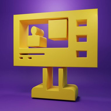 Yellow Television report icon isolated on purple background. TV news. Minimalism concept. 3D render illustration .