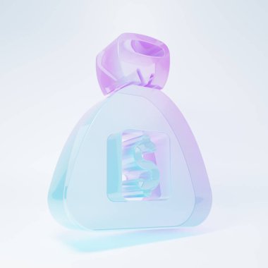 Frosted glass Money bag icon isolated on white background. Dollar or USD symbol. Cash Banking currency sign. Minimalism concept. 3D render illustration .