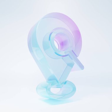 Frosted glass Search location icon isolated on white background. Magnifying glass with pointer sign. Minimalism concept. 3D render illustration .