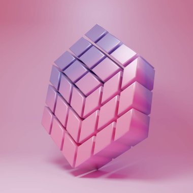 Purple-pink Rubik cube icon isolated on pink background. Mechanical puzzle toy. Rubik's cube 3d combination puzzle. Minimalism concept. 3D render illustration .