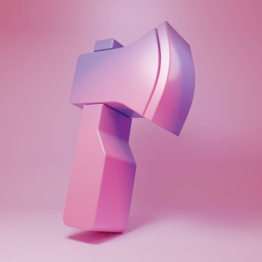 Pembe arka planda izole edilmiş mor-pembe tahta balta ikonu. Oduncu baltası. Minimalizm kavramı. 3 Boyutlu resimleme .