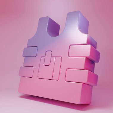 Purple-pink Bulletproof vest for protection from bullets icon isolated on pink background. Body armor sign. Military clothing. Minimalism concept. 3D render illustration .