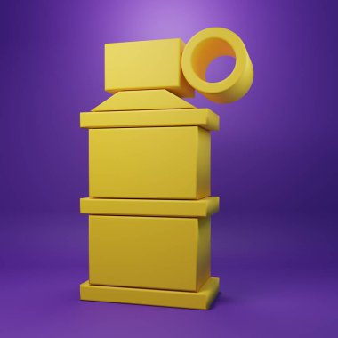 Sarı El duman bombası ikonu mor arka planda izole edildi. Bomba patlaması. Minimalizm kavramı. 3 Boyutlu resimleme .