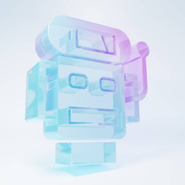 Frosted glass Robot low battery charge icon isolated on white background. Artificial intelligence, machine learning, cloud computing. Minimalism concept. 3D render illustration .