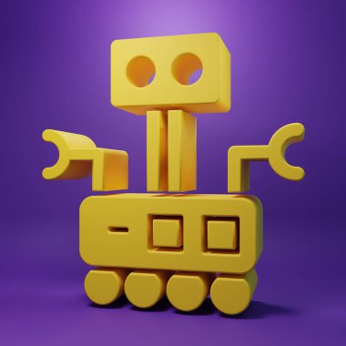 Yellow Robot icon isolated on purple background. Artificial intelligence, machine learning, cloud computing. Minimalism concept. 3D render illustration .