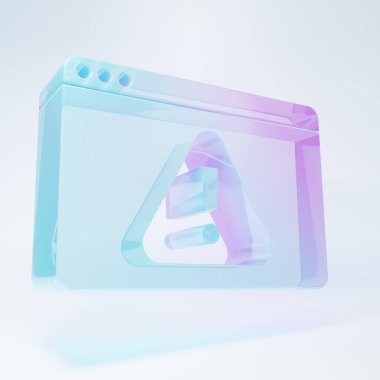 Frosted glass Browser with exclamation mark icon isolated on white background. Alert message smartphone notification. Minimalism concept. 3D render illustration .