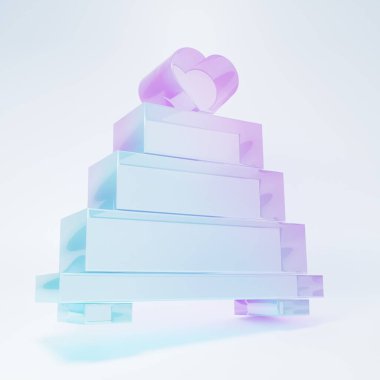 Frosted glass Wedding cake with heart icon isolated on white background. Minimalism concept. 3D render illustration .
