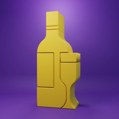 Sarı şampanya şişesi ve mor arka planda izole edilmiş cam ikon. Minimalizm kavramı. 3 Boyutlu resimleme .